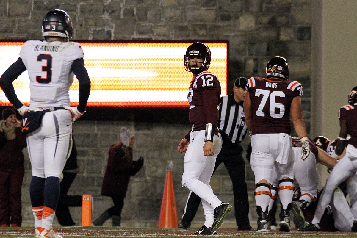 Michael Brewer, talking some smack to Quin Blanding after Cam Phillips' 36-yard TD catch.